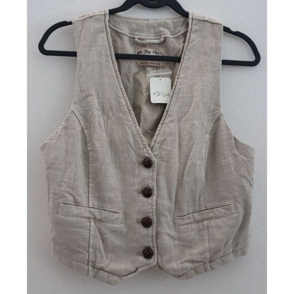We The Free x FP OB1658551 Women's Sz M Khaki/Taupe Charley Linen Blend Vest - Picture 1 of 9